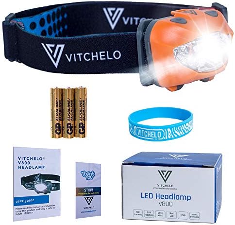 Vitchelo V800 Headlamp Flashlight with Red LED, Orange