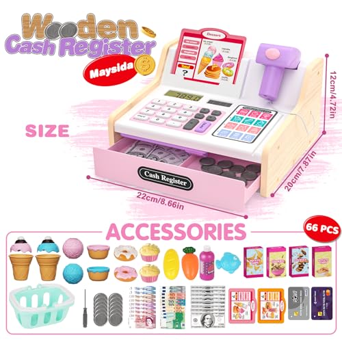 Image of Wooden Cash Register for Kids, Rechargeable Kids Cash Register with Scanner, Pretend Play Cash Register Toy with Fake Money, Food, Credit Card, Toddler Boys Girls Age 2-4 4-8, Pink