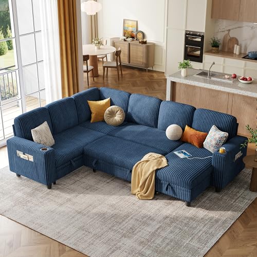 Image of LINSY HOME Sectional Sofa with Pull Out Bed, 6 Seats Corduroy Reversible Sleeper Sofa with Storage Seats & Chaises, USB Ports, Cup Holders, Side Pocket, Sectional Couches for Living Room, Blue