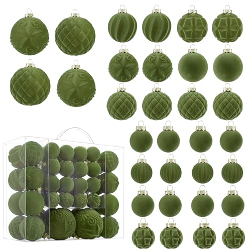 Velvet Christmas Ball Ornaments - 46pcs Flocked Christmas Tree Decorations Set Assorted Shatterproof Hanging Ornaments with Loop for Xmas Holiday Home Decor, 3 Sizes (Green)
