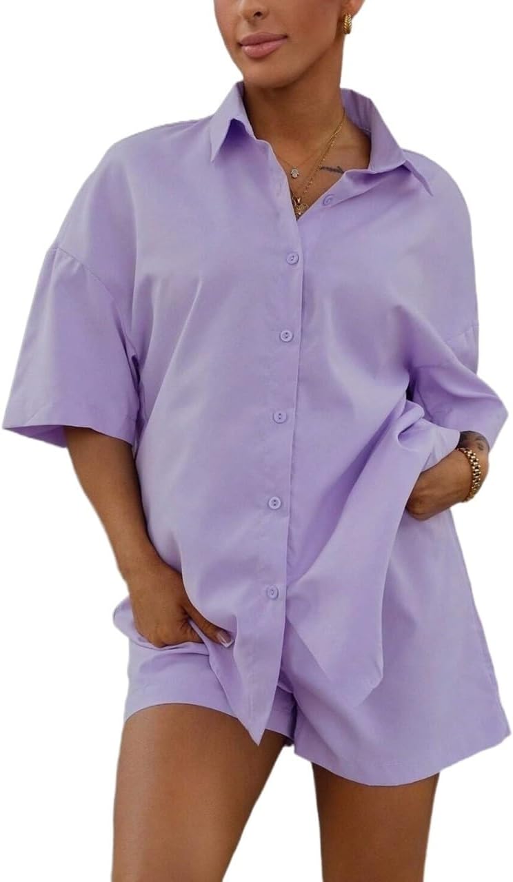 Womens 2 Piece Outfits Set - Casual Half Sleeve Button Blouse & Shorts Set For Summer 2026