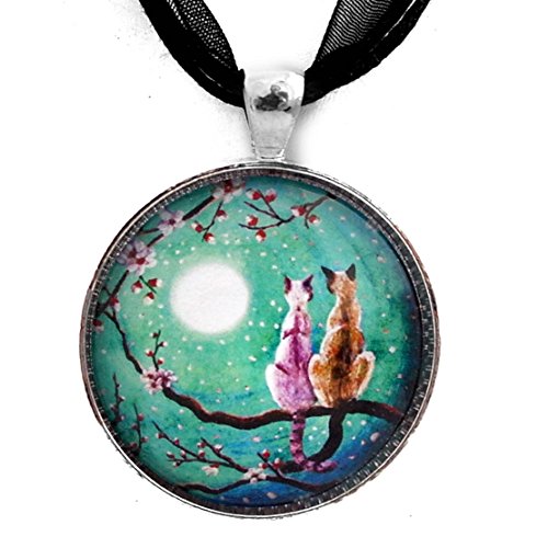 Laura Milnor Iverson Siamese Cats in Teal Moonlit Cherry Blossoms Pendant | Art Black Ribbon Necklace