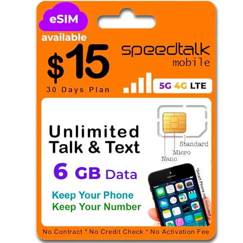 SpeedTalk Mobile $15 Monthly Plan – Prepaid Unlimited Talk & Text + 6 GB Data on a 5G 4G LTE Data | 3-in-1 SIM Card Standard Micro Nano Size | 30 Days USA Wireless Prepaid SIM Subscription Plan