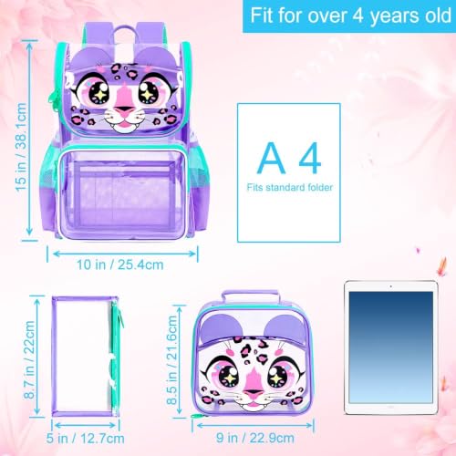 UFNDC 3PCS Girls See Through Backpack for Girls, 15" Clear Bookbag Heavy Duty, Leopard Transparent School Bag for Elementary Preschool by UFNDC - Used condition - Image 4