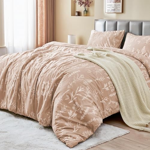 MUXHOMO Duvet Cover Queen Size, Reversible Floral Rosy Gold Duvet