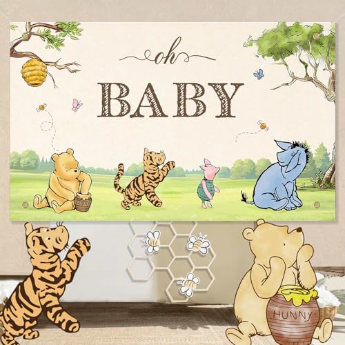 Classic Winnie Bear Baby Shower Decorations Backdrop, 5x3Ft Vintage Pooh Bear Oh Baby Banner for Boys Girls Bear Baby Shower First 1st Birthday Photo Backdrop Winnie Nursey Wall Decor