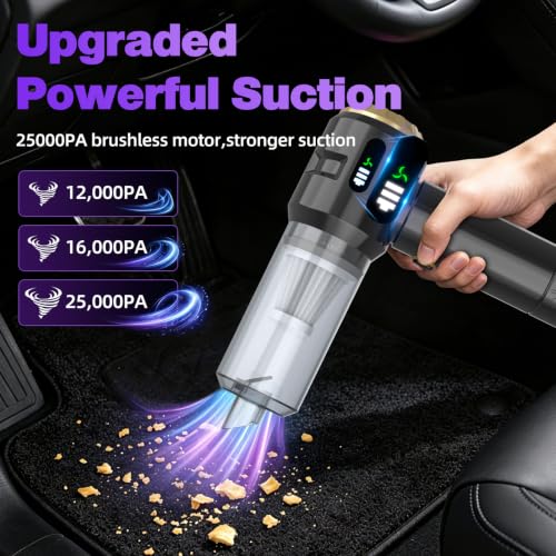 Image of Wansimoo Handheld Car Vacuum Cleaner,25000PA Strong Cyclonic Suction Mini Vacuum Portable Cordless with Digital Display for Car, Home, Office, Kitchen (Gold)