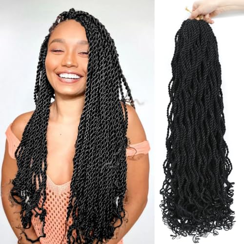 24 Inch Wavy Senegalese Twist Crochet Hair 8 Packs Black Pre Looped Crochet Braids Pre-looped Small Hanava Twist with Curly Ends Synthetic Twist Hair for Women(24 Inch,1B)