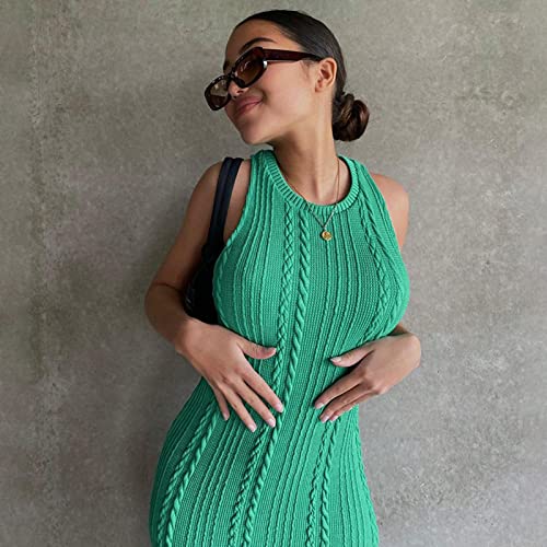 Gemeiq Maxi Dress For Women Knit Crew Neck Sleeveless Slim Casual Dress Party Club Tank Bodycon Long Dresses(Green,L) #TOP1
