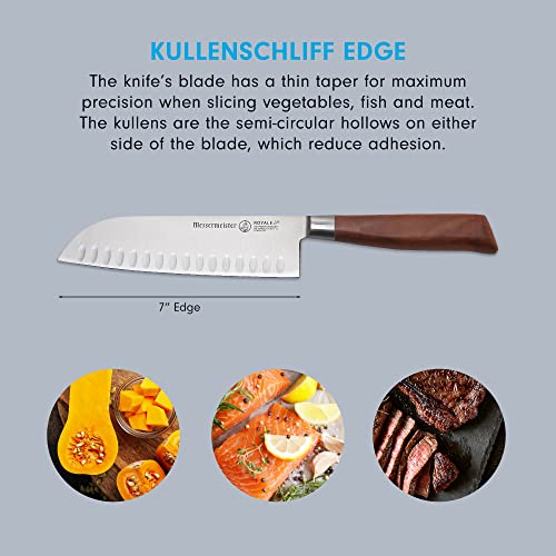 Messermeister Royale Elite 7” Kullenschliff Santoku Knife - Japanese Chef’s Knife - Stainless Steel & American Walnut Burl Handle - Rust Resistant & Easy To Maintain #TOP2