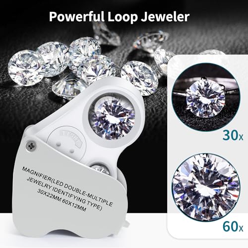 Image of JARLINK 3 Pack Jewelers Loupe, 30X 60X 90X Illuminated Jewelers Eye Magnifier and Magnifying Glass Loop with UV Black Light and Bright LED Light for Gems, Jewelry, Diamond, Coins, Stamps