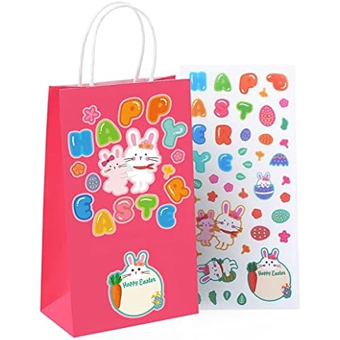 Nexmint 8.7-Inch Easter Gift Bags (24-Pack) with Creative DIY Fun Easter Themed Stickers (4-Sheets), Red Paper Bag with handle, Easter Goodie Bags, Easter Party Favor Bags, Easter Treat Bags Cover