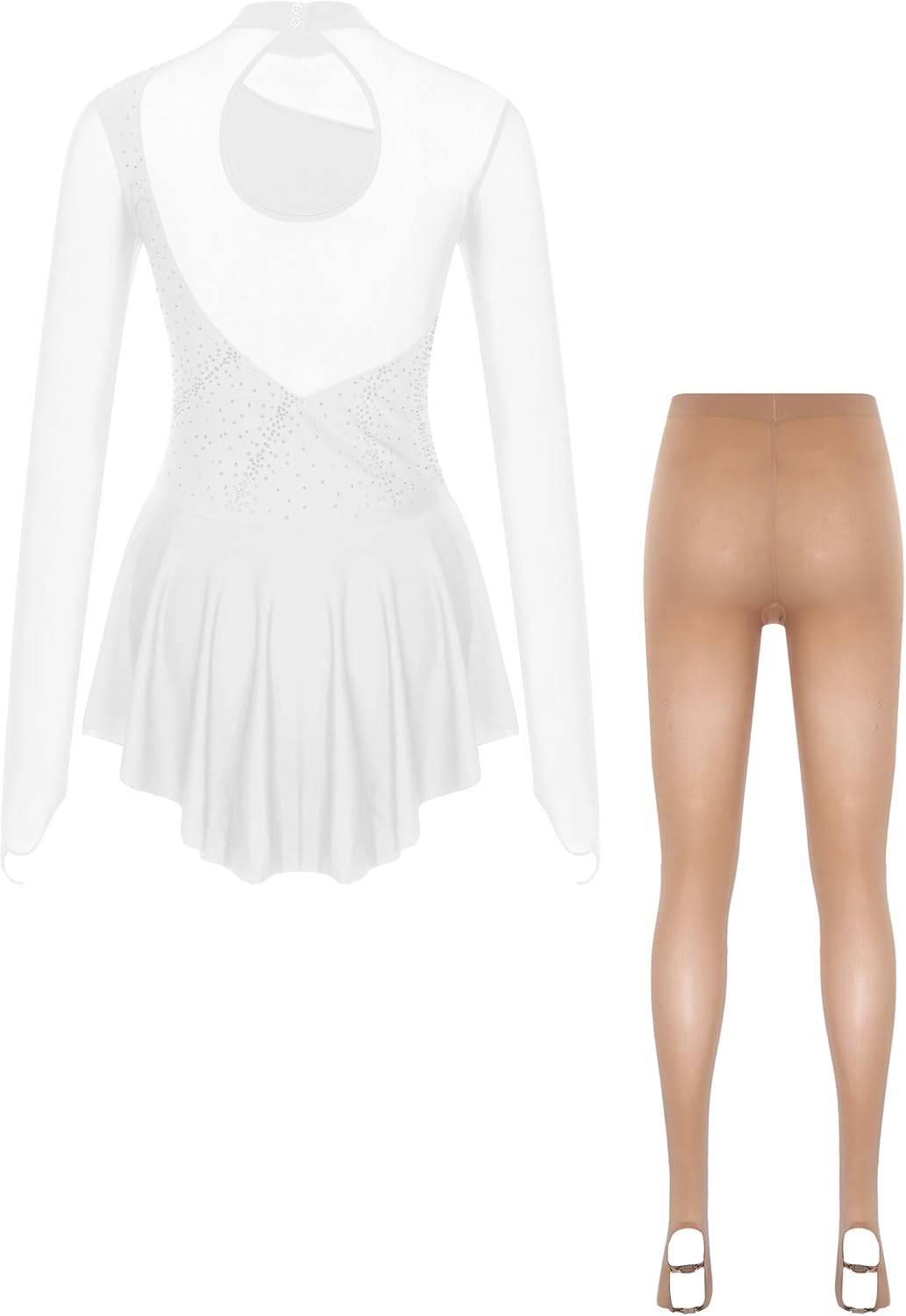 Women's Rhinestone Figure Ice Skating Dress Long Sleeve Ballet Leotard Dress with Boot Cover Tights Set