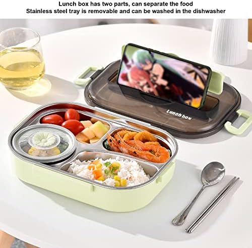 Fyearfly 4 Compartment Bento Lunch Box, Portable Kids 304 Stainless Steel Lunch Box 1.3L Four Compartment Bento Box with Soup Bowl Chopsticks Spoon for Adults and Children (green)