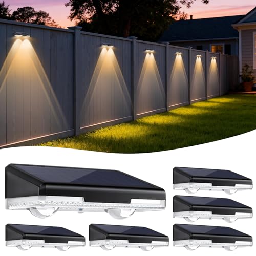 Solar Fence Lights Outdoor 6-Pack, Waterproof Solar Powered Deck Lights with 3 Color Temperatures (3000K/4500K/6500K), 80LM LED for Stairs, Yard, Patio, Pathway, Railings