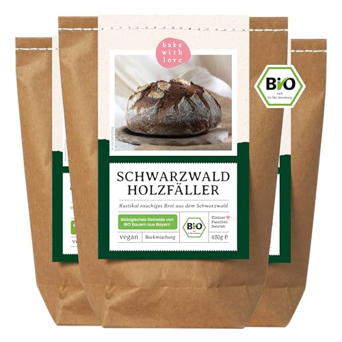 Bio Brotbackmischung Schwarzwald Holzfällerbrot - mit Dinkel, Roggen & Ruchmehl- rustikales Brot mit Holzofen-Aroma - für Brotbackautomat & Ofen - Bake with Love - 3er Pack