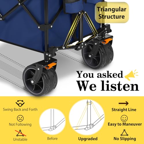 Sekey Extended Collapsible Foldable Wagon with 660lbs Weight Capacity, Heavy Duty Folding Utility Garden Cart with Big All-Terrain Beach Wheels & Drink Holders. Navy Blue by Sekey - Used condition - Image 3