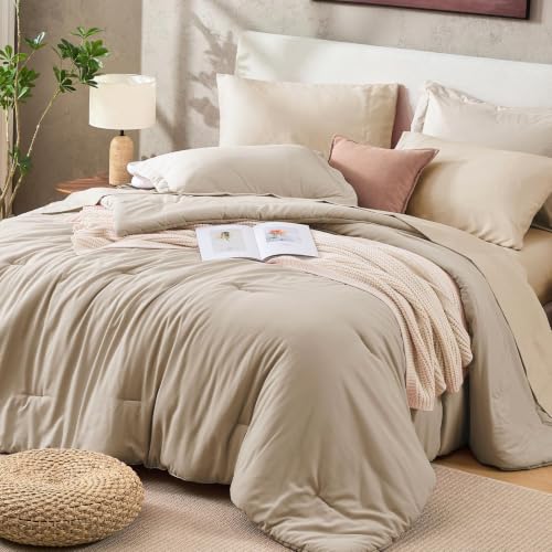 Sasttie Queen Comforter Set 7-Piece Linen, Pre-Washed Crinkled Texture Bed in a Bag Queen with Ultra Soft Brushed Sheets, Aesthetic Fluffy Bedding Set for All Seasons