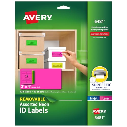 Étiquettes fluo assorties Avery 6481 amovibles de format 5,1 x 10,2 cm pour marquage