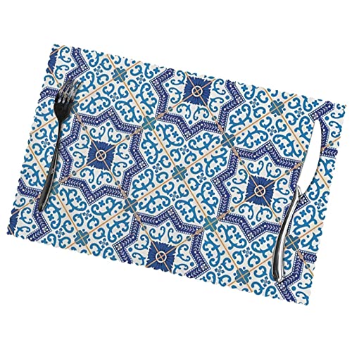 Placemats Moroccan Portuguese Style Classic Tiles Table Mats Set Of 6 Heat Resistant, Non-Slip, Washable For Kitchen Dining Table
