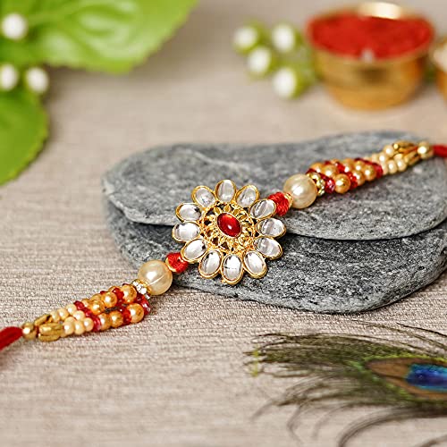 Image of eCraftIndia Beads, Pearls, Diamond Designer Rakhi for Brother with Best Bro Ever Fridge Magnet and Roli Chawal Pack
