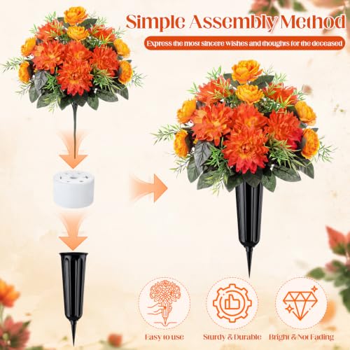 Image of 4 Set Fall Cemetery Flowers for Grave Artificial Dahlia with Vase