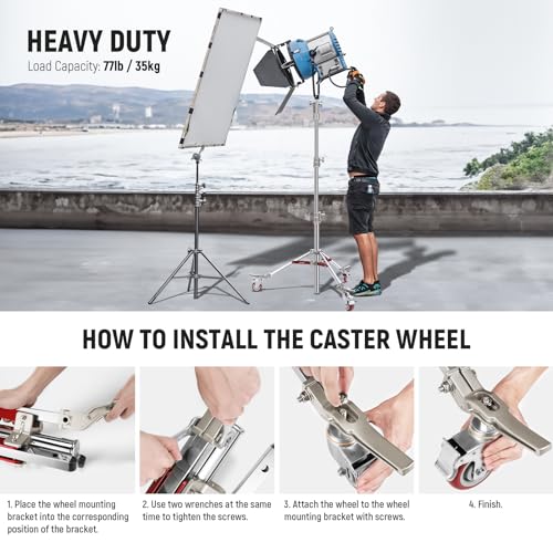 NEEWER Heavy Duty Stainless Steel Light Stand with Casters, 1-1/8" Junior Receiver, Spring Loaded 5/8" Baby Stud, Max Load 77lb, 7.9ft/240cm Junior Wheeled Stand for Studio Softbox Reflector, ST240SS by NEEWER - Image 6