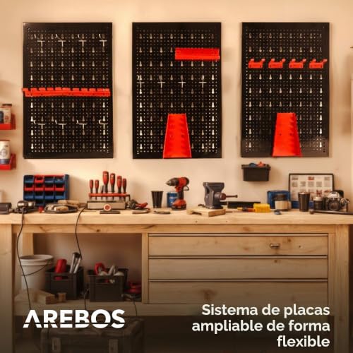 Miniatura 5 de Arebos Panel Portaherramientas De 17 Piezas 117,6 X 59,5 X 2cm Juego De Ganchos Y Soportes Pared De Herramientas De Metal Perforado Para Equipamiento De Taller Incl. Material De Montaje Rojo