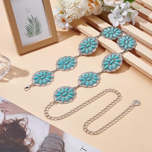 UNICRAFTALE Boho Turquoise Belt Turquoise Belt for Women Western Turquoise Oval Link Waist Belts Chains Metal Belly Link Antique Silver Adjustable Waist Belt for Dress and Jeans 61cm Long2