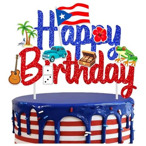 Puerto Rico Cake Topper Glitter Puerto Rican Theme Birthday Party Decoration Puerto Rican Cake Decorations Frog Cigar Vintage Car Cake Picks for National Day Patriotic Festival Supplies Cover