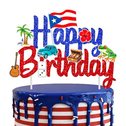 Puerto Rico Cake Topper Glitter Puerto Rican Theme Birthday Party Decoration Puerto Rican Cake Decorations Frog Cigar Vintage Car Cake Picks for National Day Patriotic Festival Supplies
