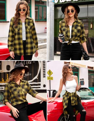 HOTOUCH Women's Long Roll Up Sleeve Cotton Flannels Plaid Shirts Classic Fit Button Down Shirt Blouses with Pockets2