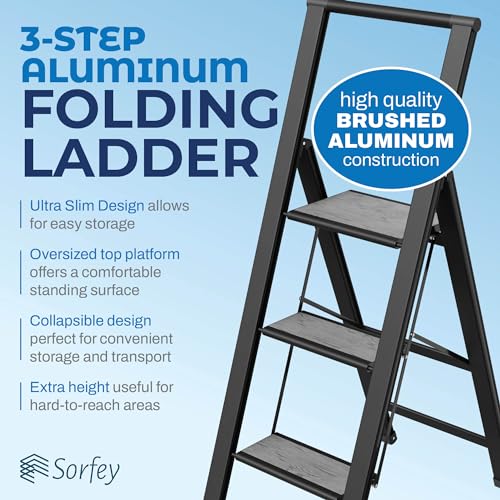 Escada dobrável em 3 degraus, decorativa – Linda madeira cinza e alumínio preto, perfil ultrafino, d