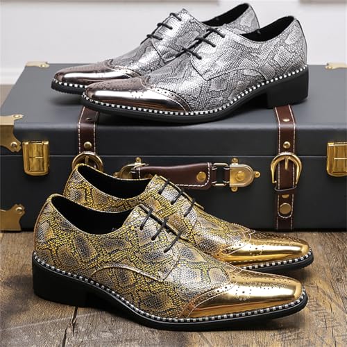 Men's Genuine Leather Snakeskin Lace-Up Dress Oxford Shoes with Chunky Heel Metal Pointed Toe Gold Accents Lightweight Soft Derby Shoes for Formal Weddings Parties Formal Events Nightlife3