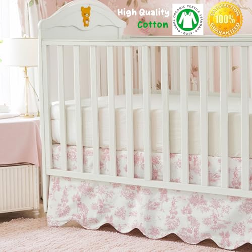 Image of Brandream Scallop Edge Cotton Crib Skirt, Baby Girl, French Country Pink Toile Crib Skirt Toddler Bedskirt Farmhouse Chic Nursery Crib Bed Skirt, Boho Bohemian Vintage Floral Print