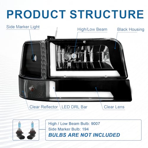 Image of LED DRL Headlights Compatible with 1992-1996 Ford F150 F250 F350 & Bronco Replacements Headlamp Clear Reflector Black Housing