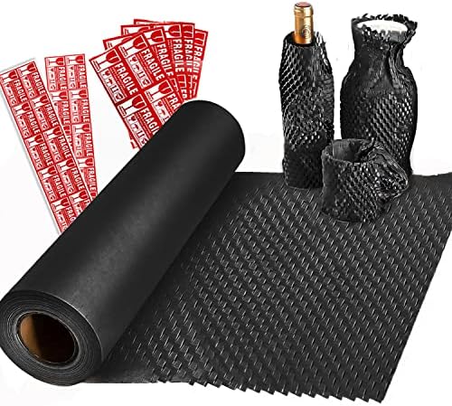 Honeycomb Packing Paper, 15Inx98Ft Paper Cushioning Wrap Eco-Friendly Alternative to Bubble Black Wrap with 20m Hemp Rope & Fragile Sticker for Gift Packing and Moving for Shipping Breakables (Black)
