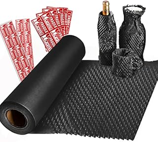 Honeycomb Packing Paper, 15Inx98Ft Paper Cushioning Wrap Eco-Friendly Alternative to Bubble Black Wrap with 20m Hemp Rope & Fragile Sticker for Gift Packing and Moving for Shipping Breakables (Black)