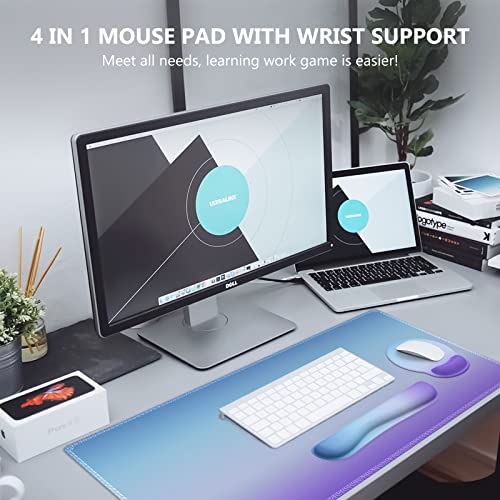 Ileadon Keyboard Mouse Pad Set, Large Gaming Mouse Pad + Keyboard Wrist Rest + Mouse Pad With Wrist Support + Coaster, Easy Typing Pain Relief, 4In1 Desk Mat Set For Home Office, Blue Purple #TOP7
