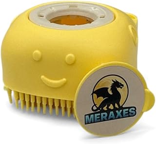 MERAXES Pet Bath Grooming Brush with Shampoo Dispenser - Soft Silicone Bristles for Dogs Cats, Deshedding Massage Tool Yellow