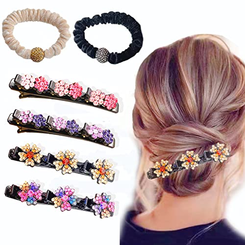 Sparkling Crystal Stone Braided Hair Clips, Multi Clip Hair Barrette, Duckbill Clip Rhinestone Hair Clips, Braided Hair Clip With Rhinestones For Women/Girls, 4 Hair Clips+2 Hair Ties (6Pcs) (Crystal) #TOP7