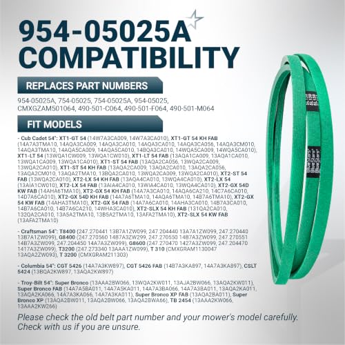Image of [Upgraded Grip120] BlueStars 954-05025A Mower Deck Belt | 5 /8 inch x 139 inch | Fits 54 inch Deck Mowers Cub Cadet XT1 GT54 ST54, Troy-Bilt TB2454, Craftsman T8400, V-Belt Replaces 754-05025A 954-05025