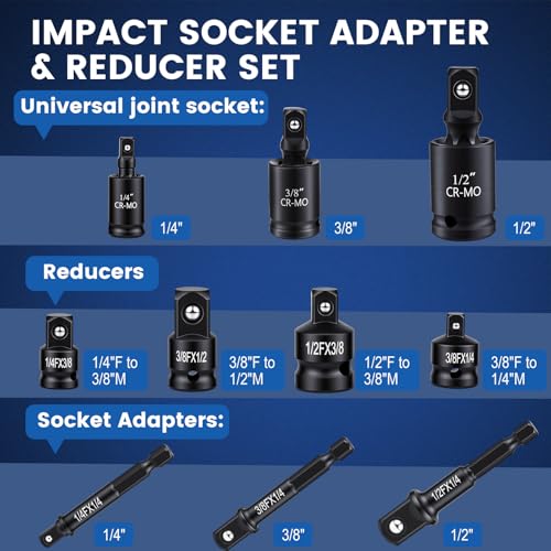Image of Impact Socket Adapter Set, 10-Piece 1 /4 inch 3 /8 inch 1 /2 inch Drive Swivel Universal Joint Socket, Cr-Mo Steel, Drill Adapter and Reducer Set for Automotive Repair and DIY