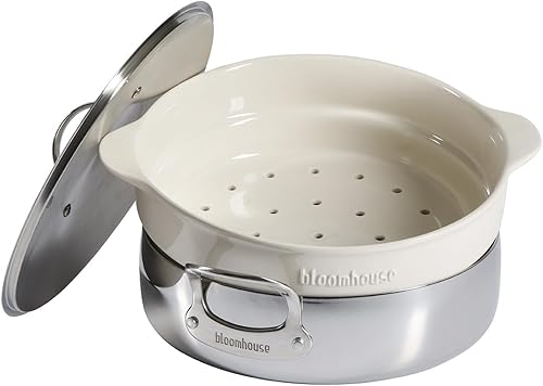 Bloomhouse Bandeja de acero inoxidable triple de 6 cuartos de galón con interior de cerámica antiadherente no tóxico e inserto de vapor de cerámica