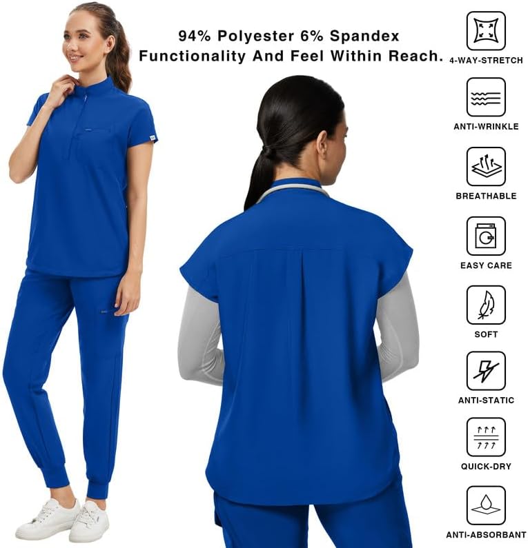 Kitmaz Women's Scrub Set - Convertible Mandarin/V-Neck Top & Jogger Pants, 9 Pockets, Wrinkle & Splash Proof - Image 5