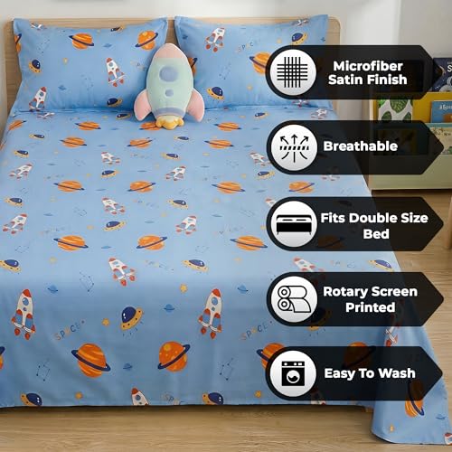 Image of Story@Home Space Theme Kids Double Bedsheet 225x250 cm with 2 Pillow Covers | Cotton Feel 180 TC Soft Fabric | Space Blue Astronaut & Galaxy Design | Breathable & Skin Friendly