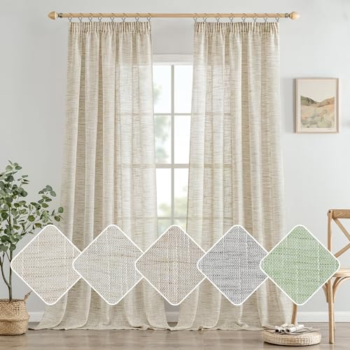 Woaboy Cortinas de Lino Dormitorio Visillo Semitransparente para Ventana Modernas con Ganchos de Riel para Salón Habitación 2 Piezas 140x225cm Natural