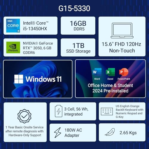 Image of Dell G Series, 13th Gen Intel Core i5-13450HX, NVIDIA RTX 3050-6GB, 16GB DDR5, 512GB SSD, FHD, 15.6 inch /39.62cm, Windows 11, Microsoft Office Home 2024, 2.65KG, G15-5530, Backlit Keyboard, Gaming Laptop