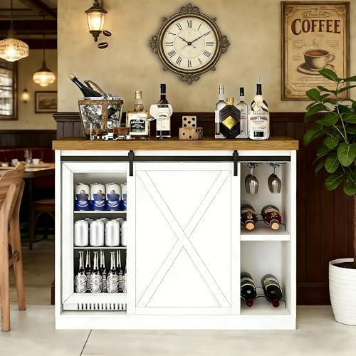 Image of 49.2 inch Coffee Bar Cabinet with Mini Fridge Space, Farmhouse Wine Bar Cabinet with Barn Doors, Fridge Cabinet with Power Outlet, Wine Rack, Glass Holder for Kitchen Dining Room Living Room (White)
