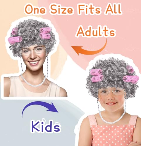 FAYBOX Old Lady Wig Costume for Women,100 Days of School Costume for Kids Girls,Grandma Granny Costume Wig for Halloween Cosplay3
